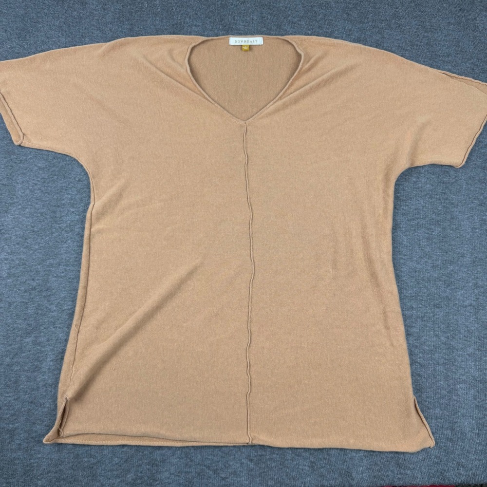 Downeast Knit Top Women Large Tan V-Neck Short Sleeve Exposed Seam‎ Pullover